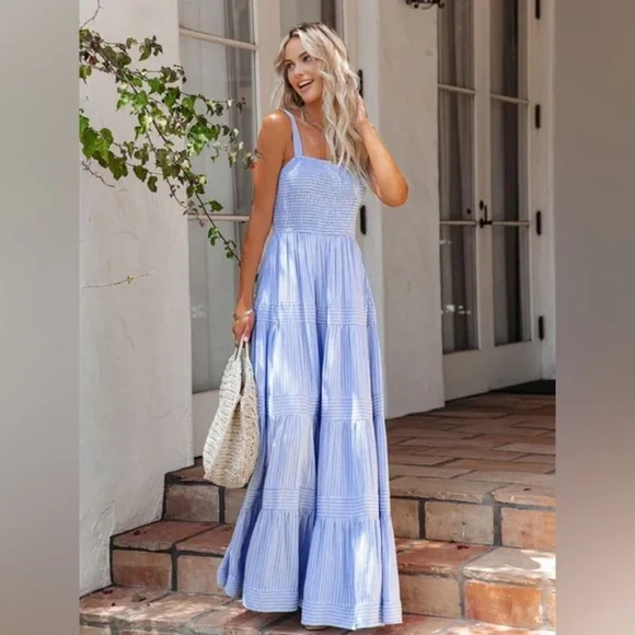 Commense Pinstripe Shirred Backless Long Cami Dress Smocked Blue White NWT Small - Picture 1 of 12